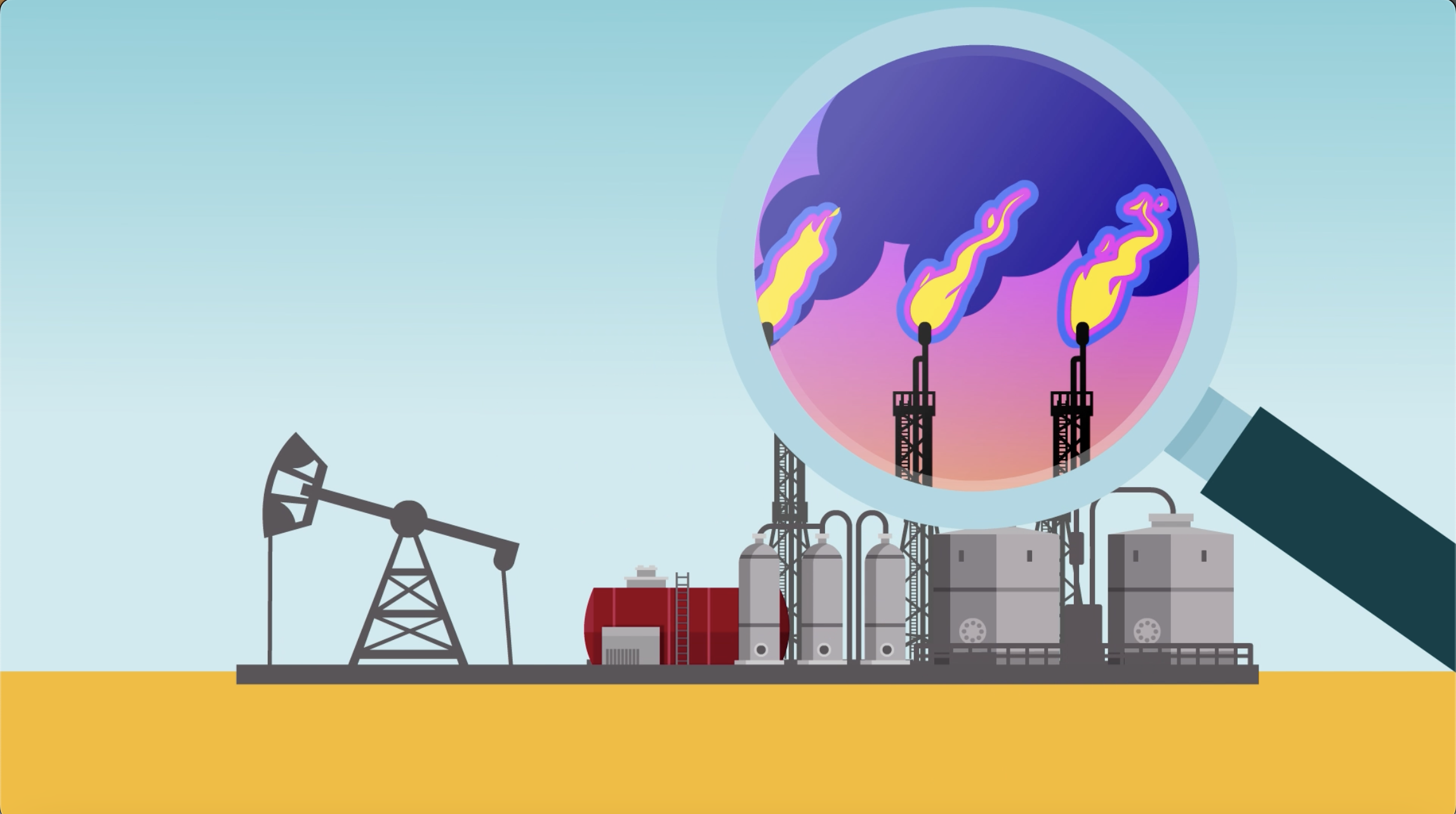 Screenshot of a animated video depicting drilling at a natural gas site. A magnifying glass over the smokestacks highlighting the purple and yellow flames.