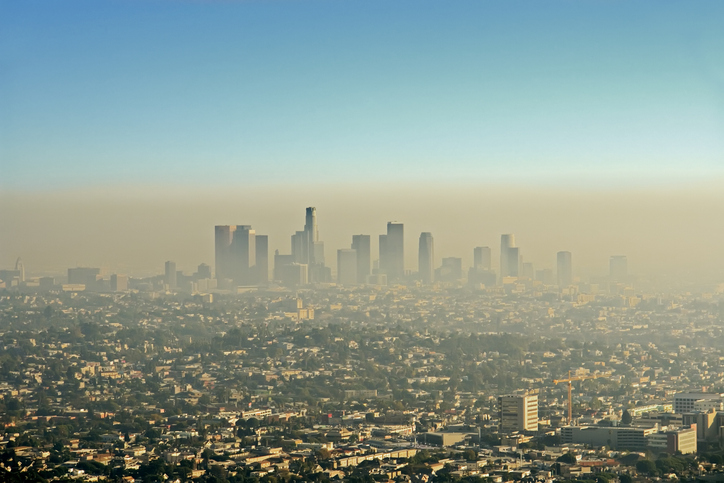 Wide shot of a layer of smog covering a city.