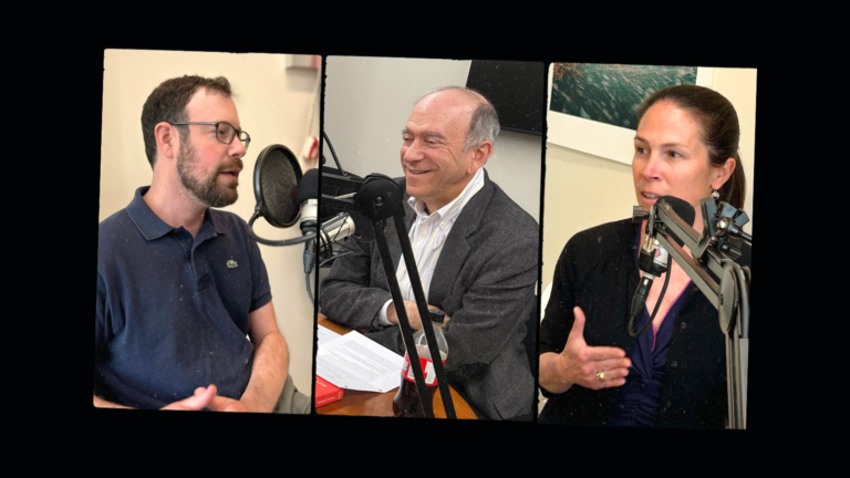 Image of three people talking into microphones